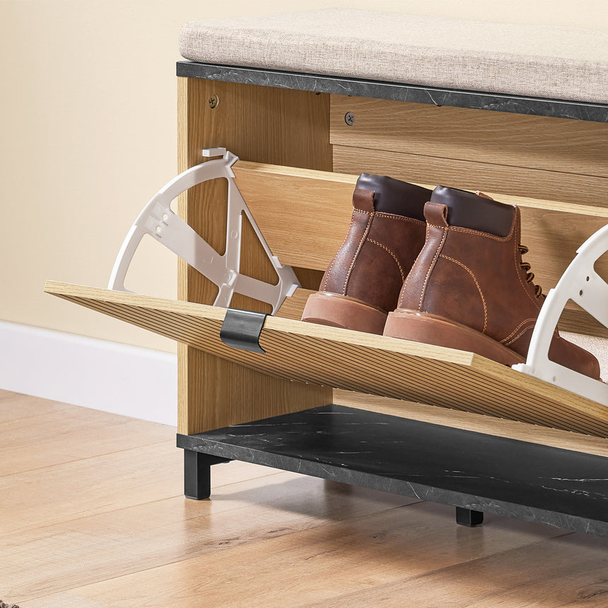 SoBuy FSR201-N Schoenenbank, entree, met gevoerde zitting, comfortabel, inklapbaar, zwart en licht hout, ondersteunt 113 kg, 60 x 24 x 50 cm