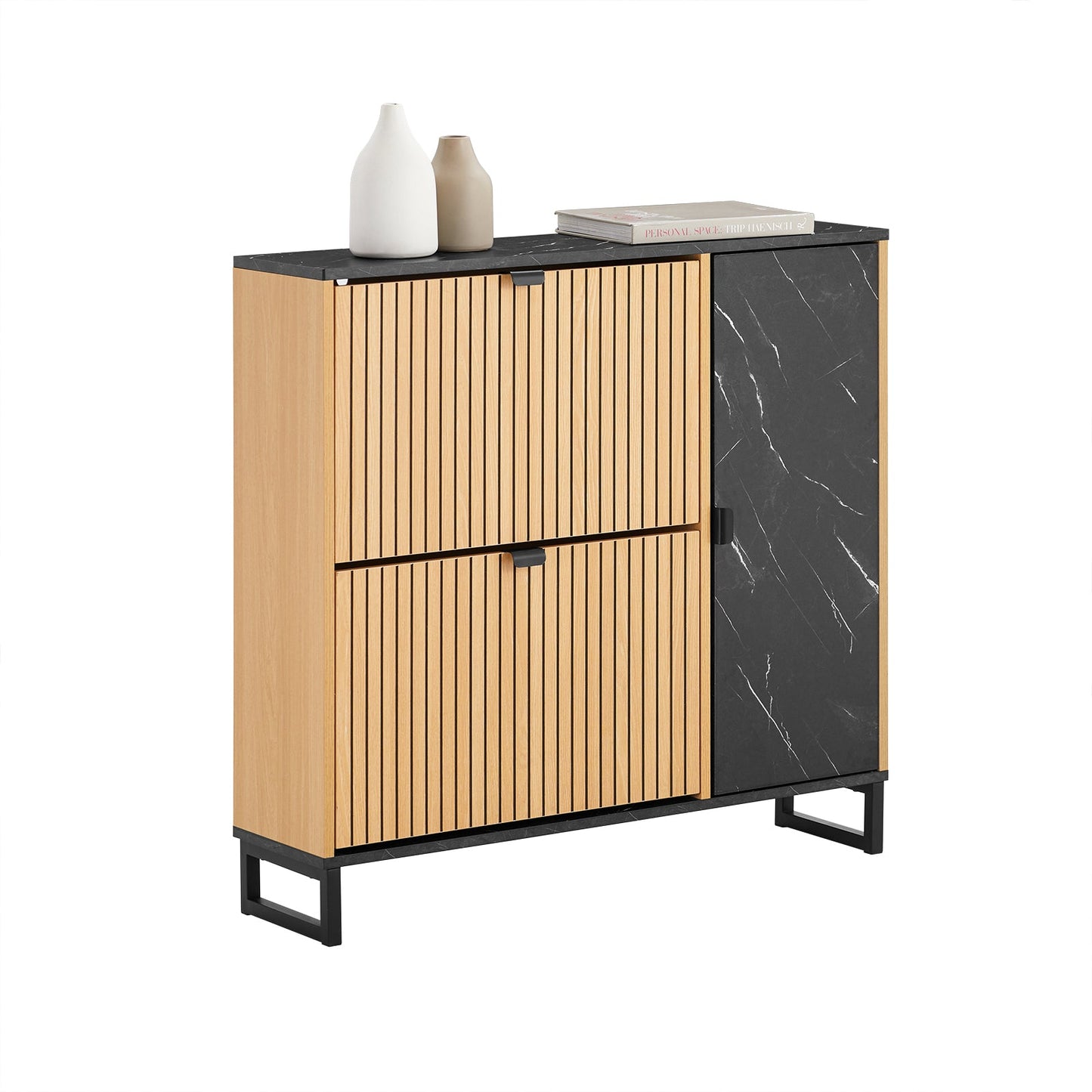SoBuy FSR203-N Smalle Schoenenkast voor Entree, 2 Kleppen en Zijdeur, Scandinavisch Design, Compact, Zwart en Licht Hout, 90 x 24 x 88 cm
