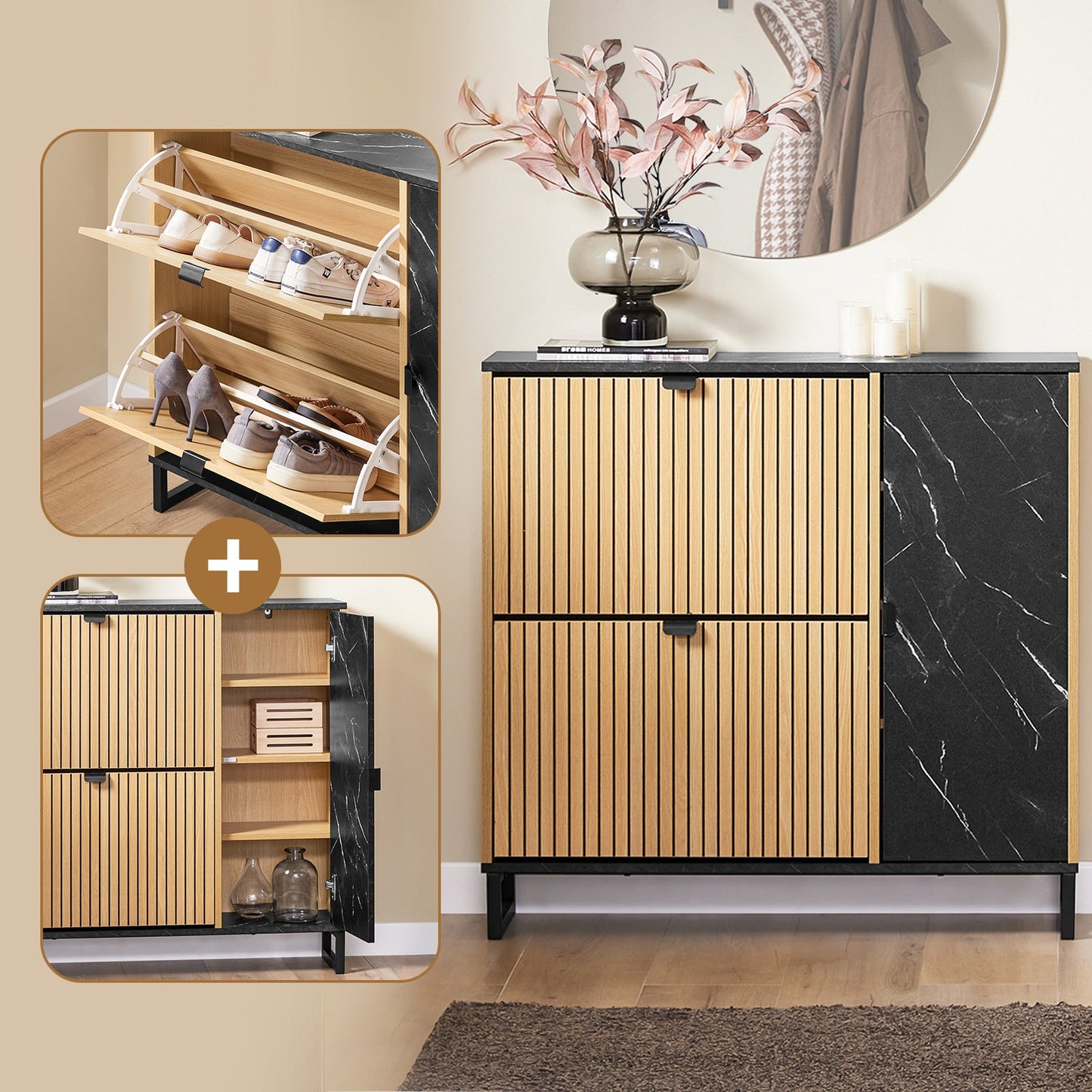 SoBuy FSR203-N Smalle Schoenenkast voor Entree, 2 Kleppen en Zijdeur, Scandinavisch Design, Compact, Zwart en Licht Hout, 90 x 24 x 88 cm