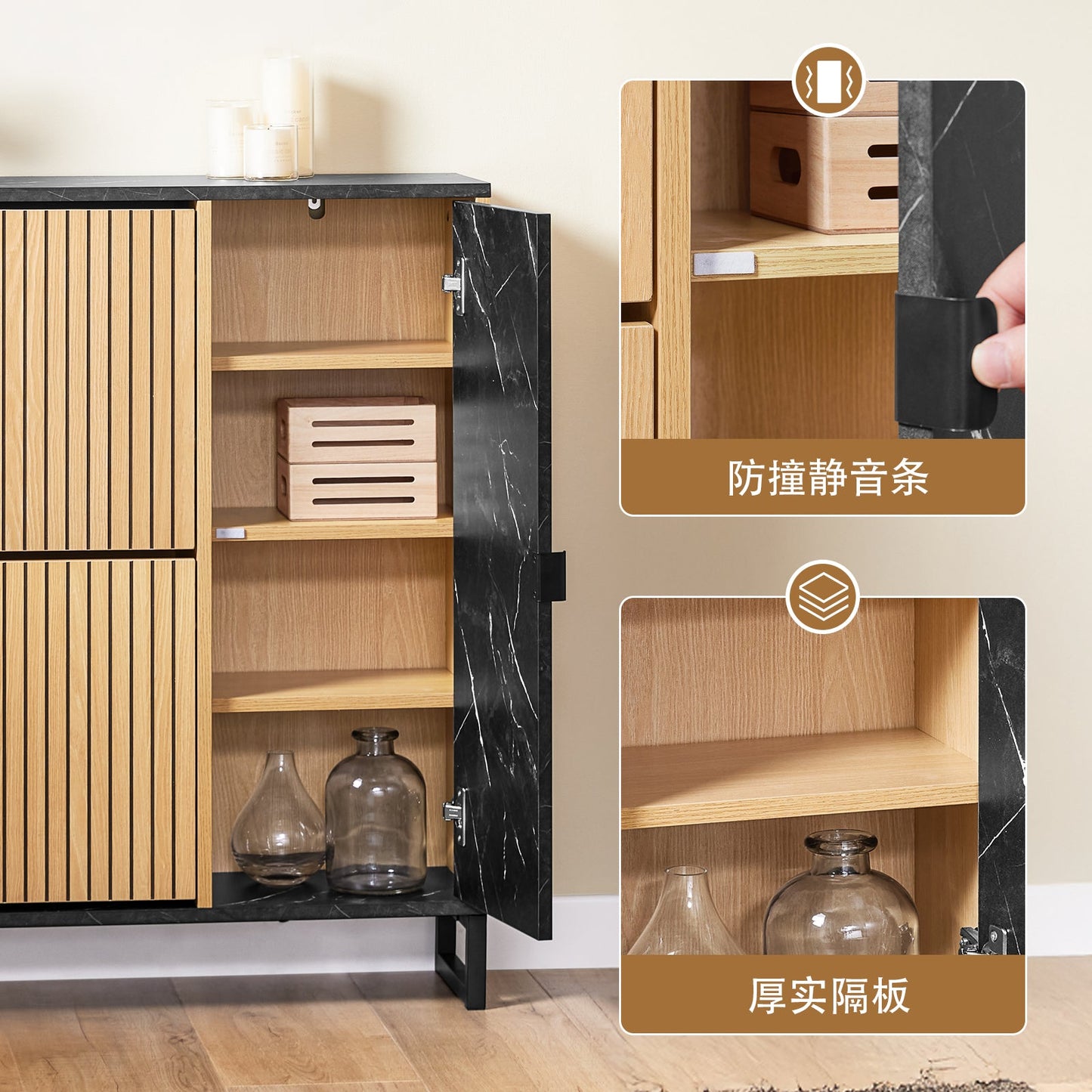 SoBuy FSR203-N Smalle Schoenenkast voor Entree, 2 Kleppen en Zijdeur, Scandinavisch Design, Compact, Zwart en Licht Hout, 90 x 24 x 88 cm