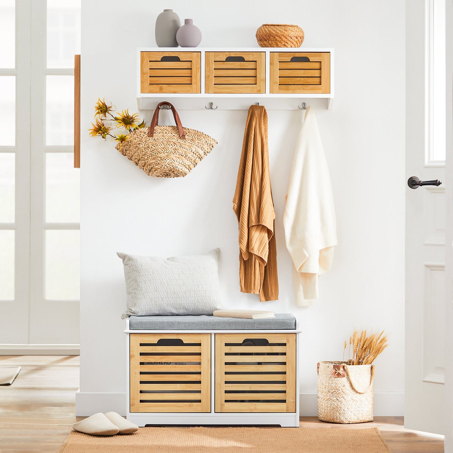Schoenenbank met Opbergruimte en Kussen – 71x35x43 cm – Wit & Ecru – SoBuy FSR23-II-WN
