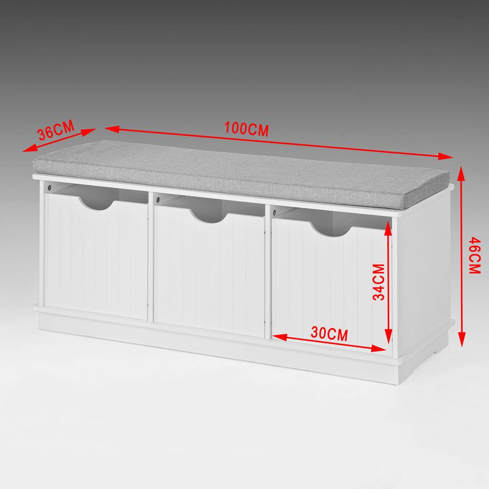 SoBuy Schoenenkast met gestoffeerd zitvlak - 3 Manden -Landelijk - Max. 120 kg -100 x 36 x 46 cm - Wit / Grijs