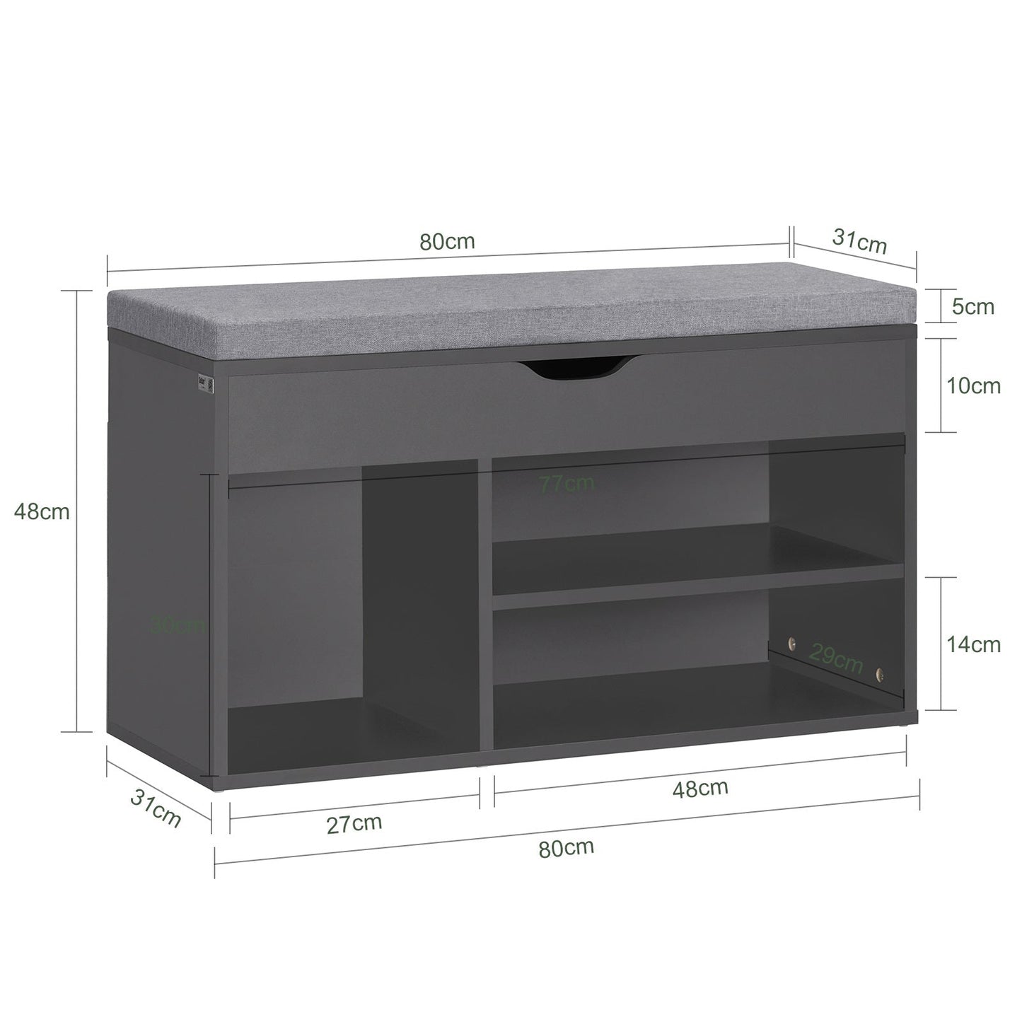 SoBuy Schoenenkast met gestoffeerd zitvlak - 1 Lade & Opberplanken - Max. 120 kg -80 x 31 x 48 cm - Zwart
