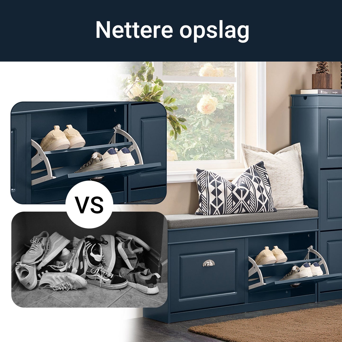 SoBuy Schoenenkast & Schoenenbank Hal – 2 Kleppen – Met Verwijderbaar Kussen – Smalle Hal – Gelakt Hout – L104 x D24 x H51 cm – Blauw