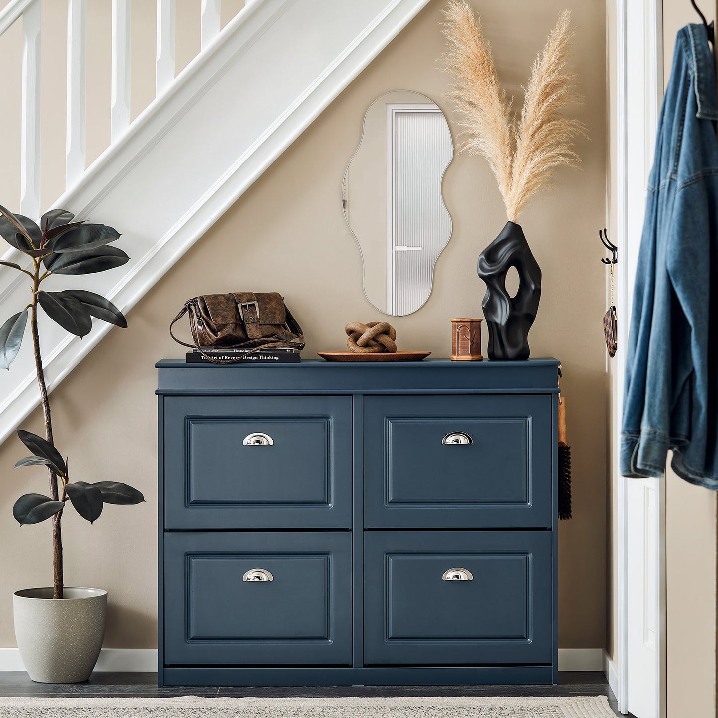 SoBuy Schoenenkast met 4 Kleppen – Slank Schoenenmeubel voor Hal en Entree – 105x24x83 cm – Blauw