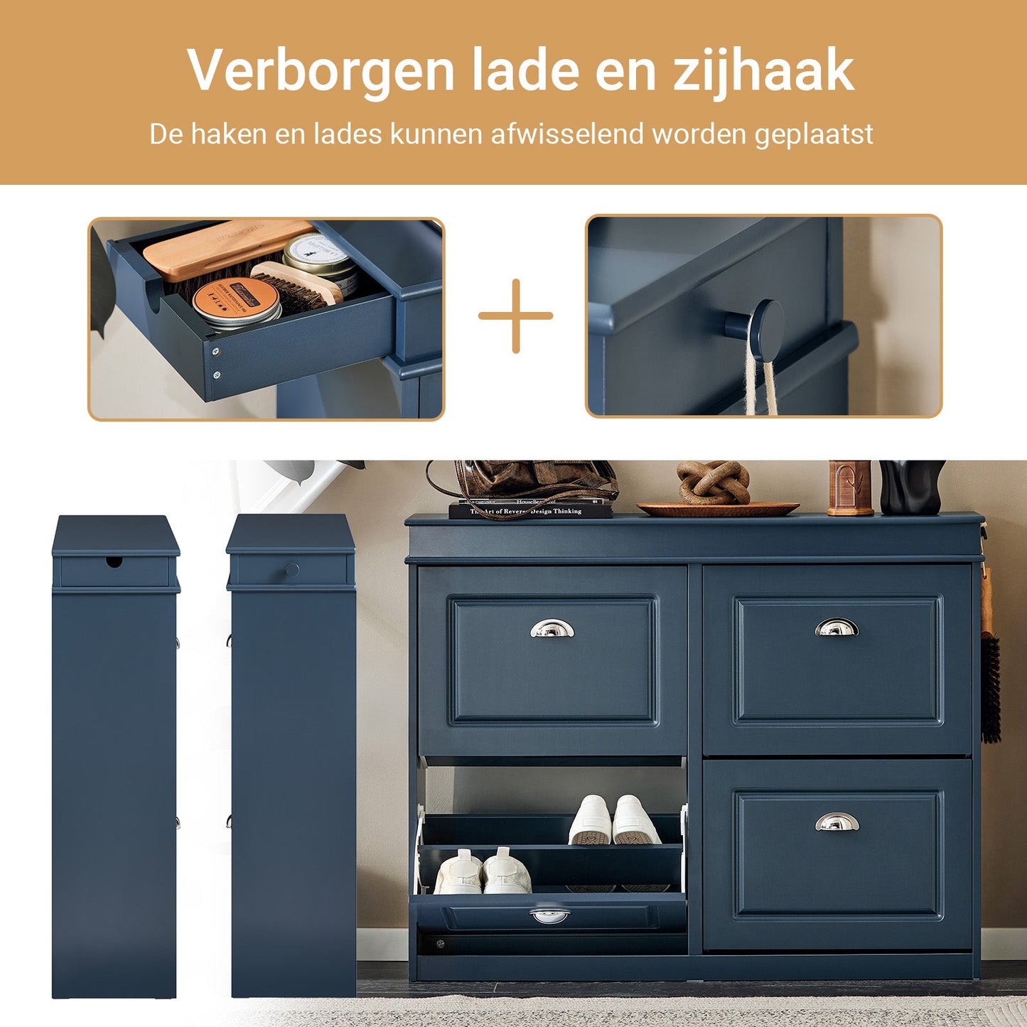 SoBuy Schoenenkast met 4 Kleppen – Slank Schoenenmeubel voor Hal en Entree – 105x24x83 cm – Blauw