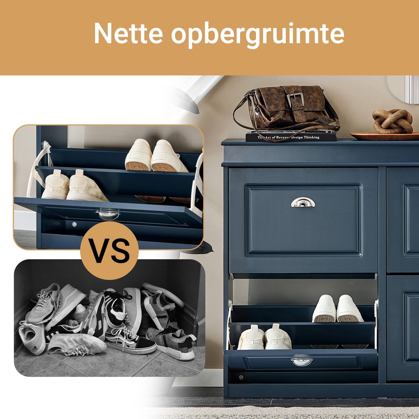 SoBuy Schoenenkast met 4 Kleppen – Slank Schoenenmeubel voor Hal en Entree – 105x24x83 cm – Blauw