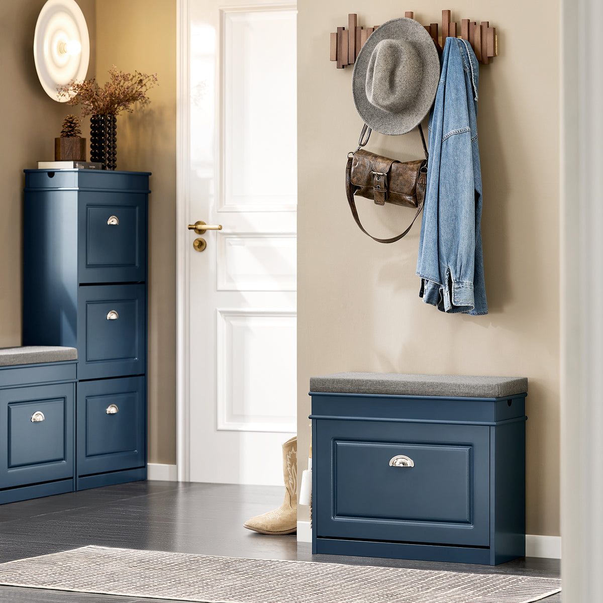 SoBuy Schoenenkast met Zitkussen en Opbergruimte - Blauw - 60 x 24 x 52 cm