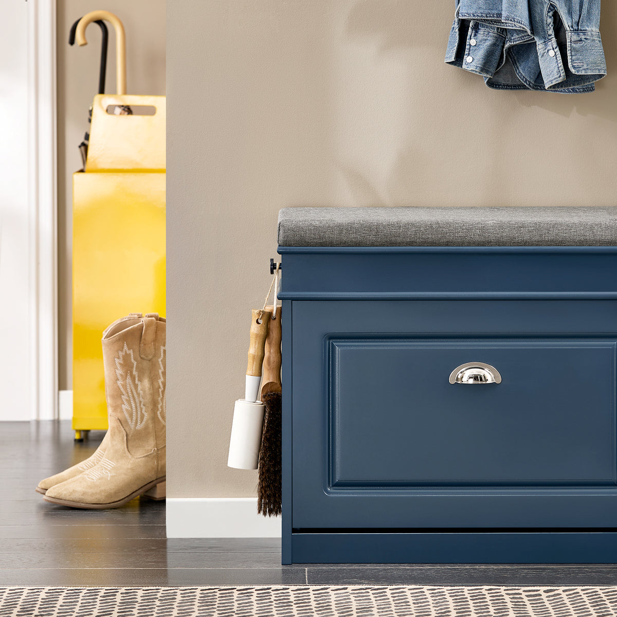 SoBuy Schoenenkast met Zitkussen en Opbergruimte - Blauw - 60 x 24 x 52 cm