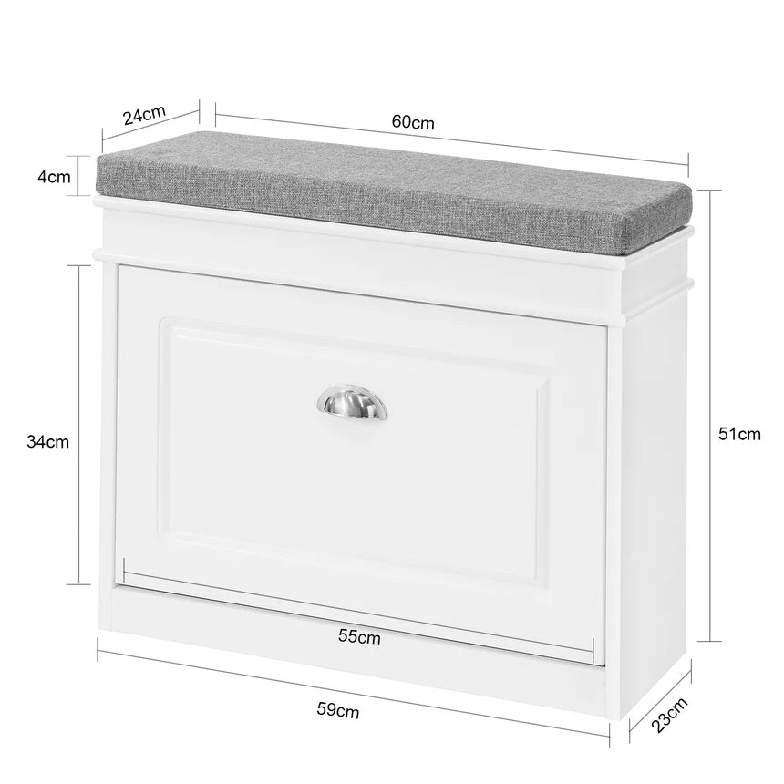SoBuy – Schoenbank Schoenenkast – 60 x 24 x 51 cm – Voorzien Van Gecapitonneerde Zitting En Verborgen Opbergruimte En E1 MDF Constructie – Voor Gang En Slaapkamer – Wit Hout