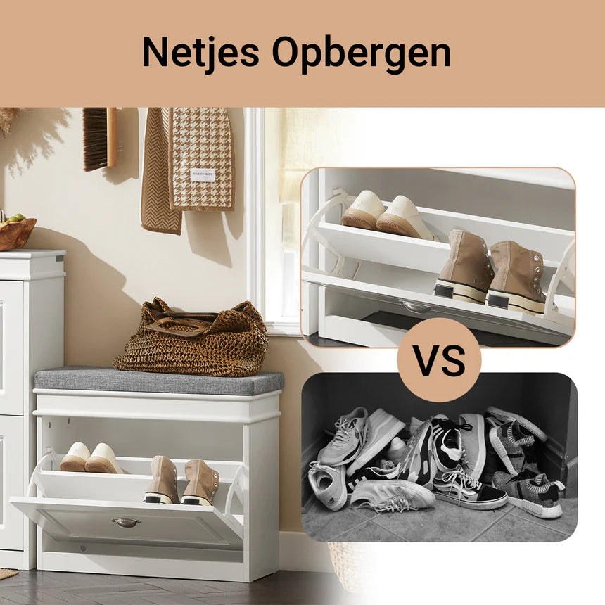 SoBuy – Schoenbank Schoenenkast – 60 x 24 x 51 cm – Voorzien Van Gecapitonneerde Zitting En Verborgen Opbergruimte En E1 MDF Constructie – Voor Gang En Slaapkamer – Wit Hout