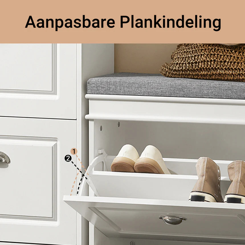 SoBuy – Schoenbank Schoenenkast – 60 x 24 x 51 cm – Voorzien Van Gecapitonneerde Zitting En Verborgen Opbergruimte En E1 MDF Constructie – Voor Gang En Slaapkamer – Wit Hout