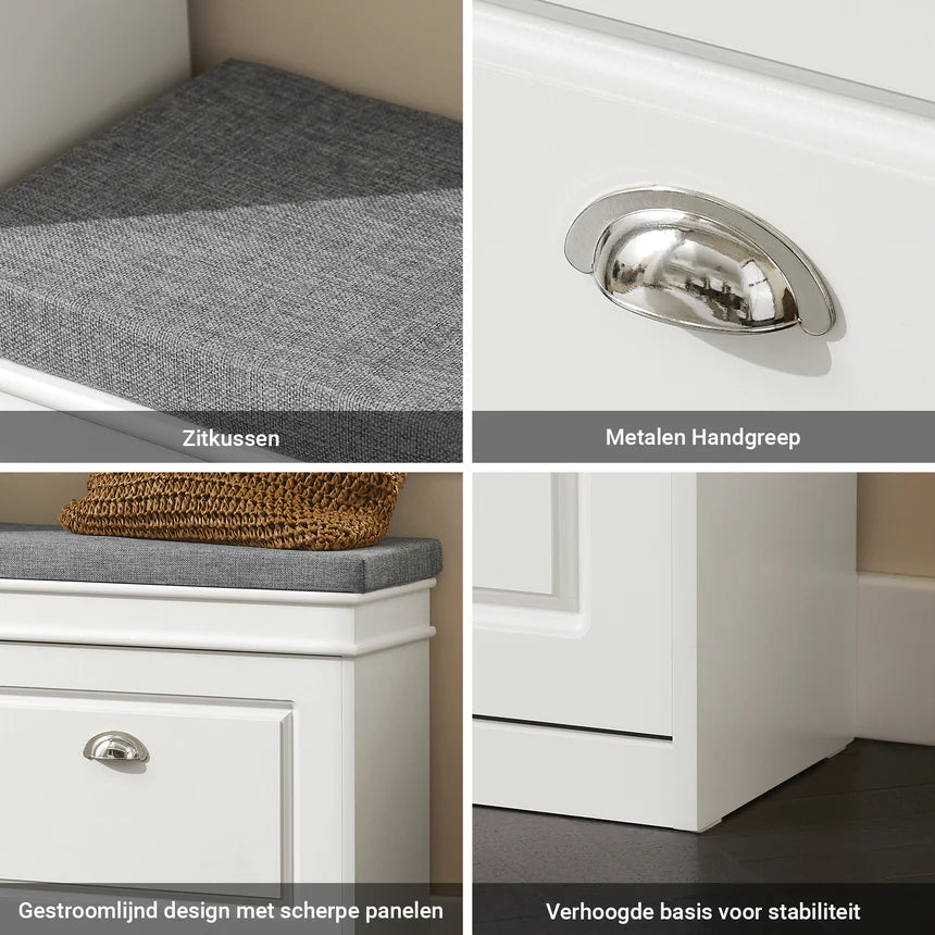 SoBuy – Schoenbank Schoenenkast – 60 x 24 x 51 cm – Voorzien Van Gecapitonneerde Zitting En Verborgen Opbergruimte En E1 MDF Constructie – Voor Gang En Slaapkamer – Wit Hout
