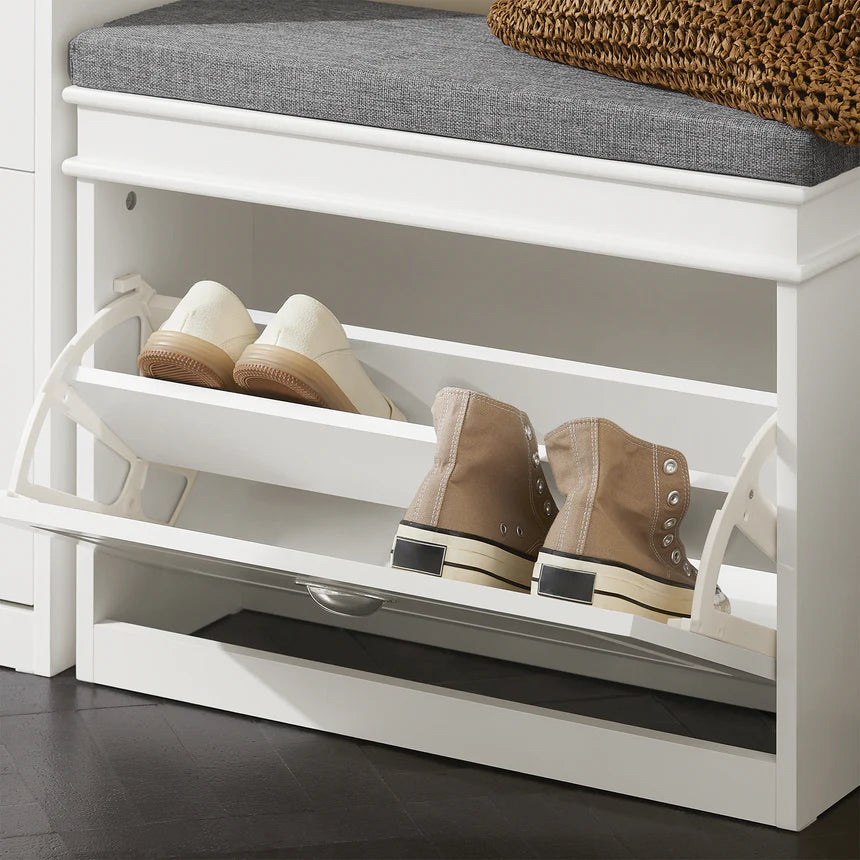 SoBuy – Schoenbank Schoenenkast – 60 x 24 x 51 cm – Voorzien Van Gecapitonneerde Zitting En Verborgen Opbergruimte En E1 MDF Constructie – Voor Gang En Slaapkamer – Wit Hout