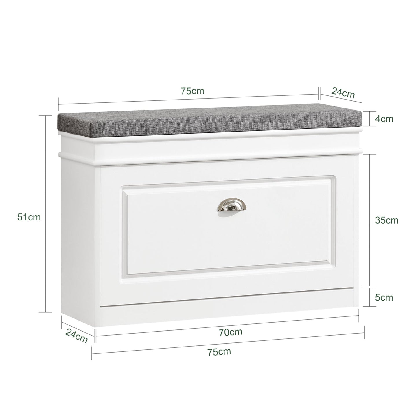 SoBuy Schoenenbank met Opbergruimte en Zitkussen – Wit – 75 x 24 x 51 cm – Compact Halmeubel met Klep