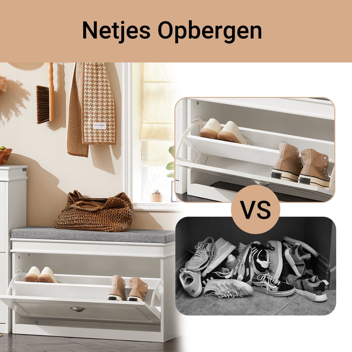 SoBuy Schoenenbank met Opbergruimte en Zitkussen – Wit – 75 x 24 x 51 cm – Compact Halmeubel met Klep