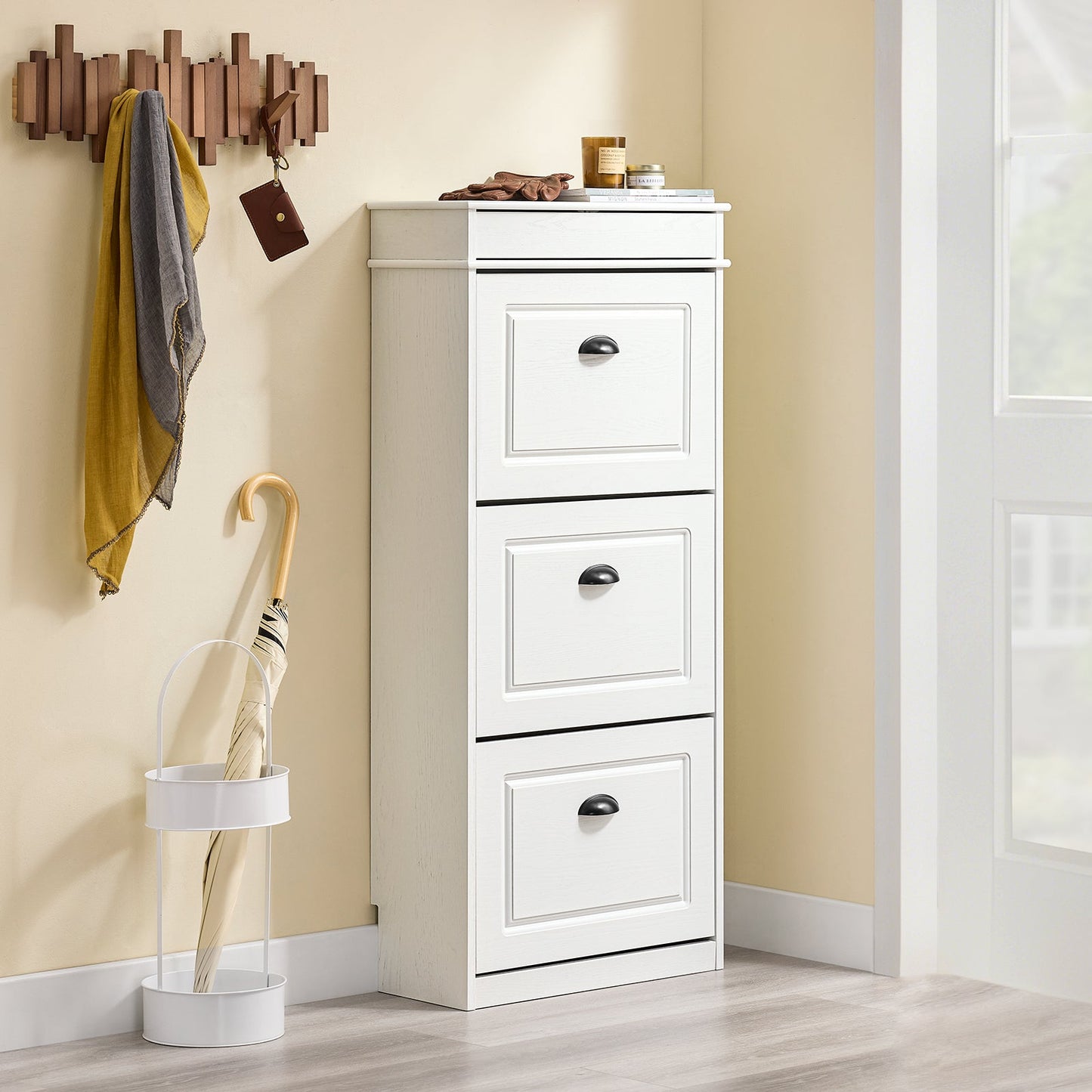 SoBuy FSR94-WG Schoenenkast 3 Kleppen 12 Paar, 53 x 24 x 118 cm, Verouderd Houteffect/Wit