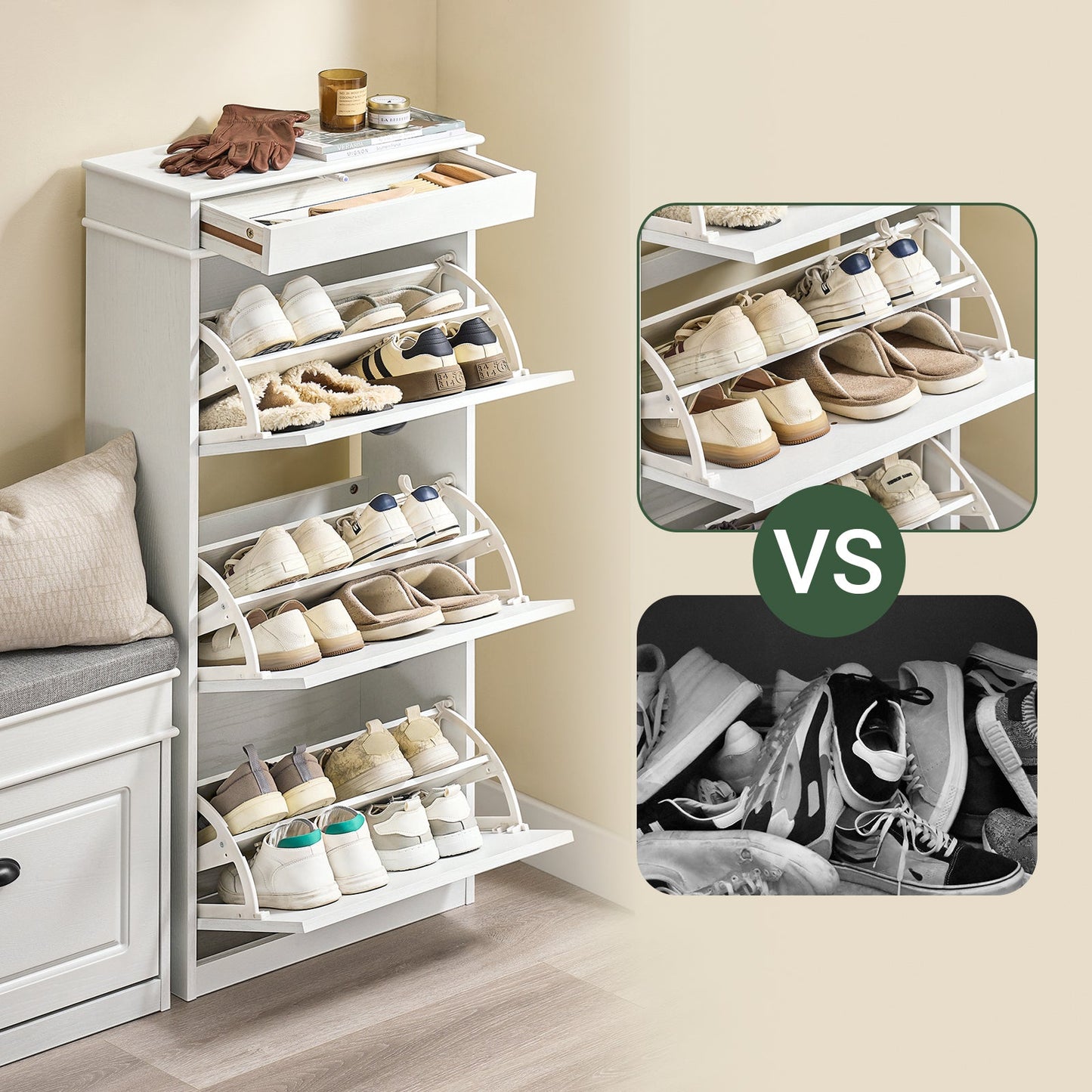 SoBuy FSR94-WG Schoenenkast 3 Kleppen 12 Paar, 53 x 24 x 118 cm, Verouderd Houteffect/Wit
