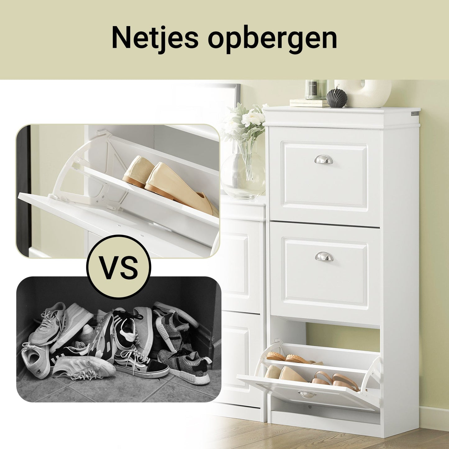 SoBuy schoenenkast met 3 kleppen – smal schoenenmeubel voor hal en entree – opslag tot 12 paar – 53x24x117 cm – wit