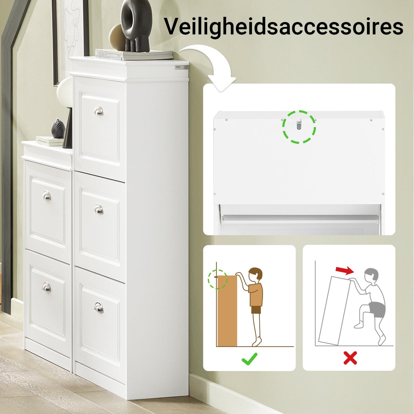SoBuy schoenenkast met 3 kleppen – smal schoenenmeubel voor hal en entree – opslag tot 12 paar – 53x24x117 cm – wit