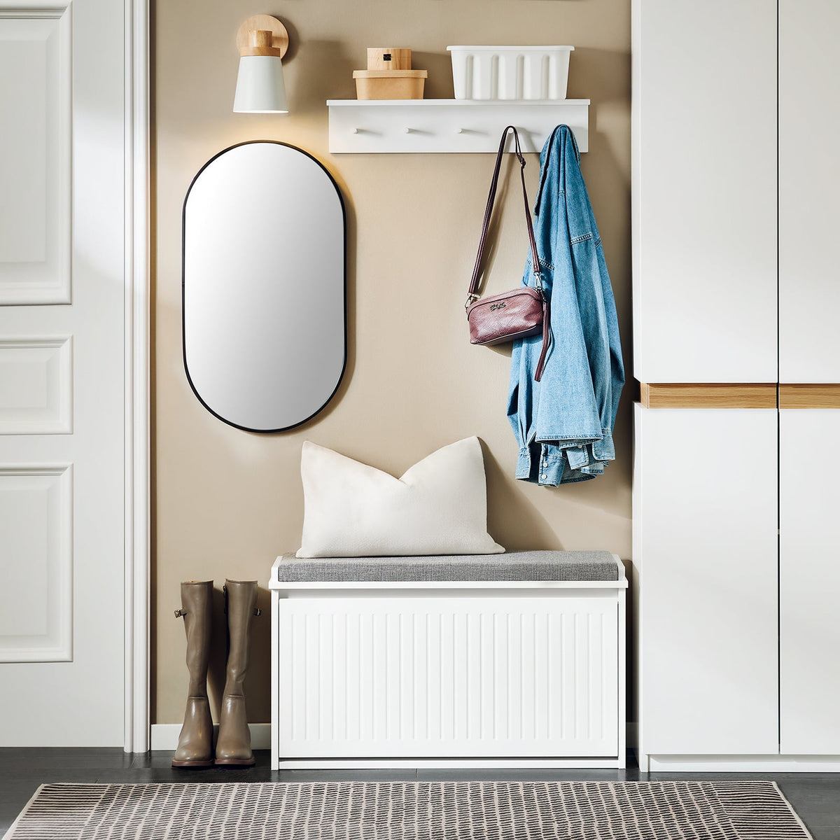 SoBuy Schoenenkast met Zitkussen en Klep – Wit – 80x45x26 cm – Moderne Schoenbank van MDF