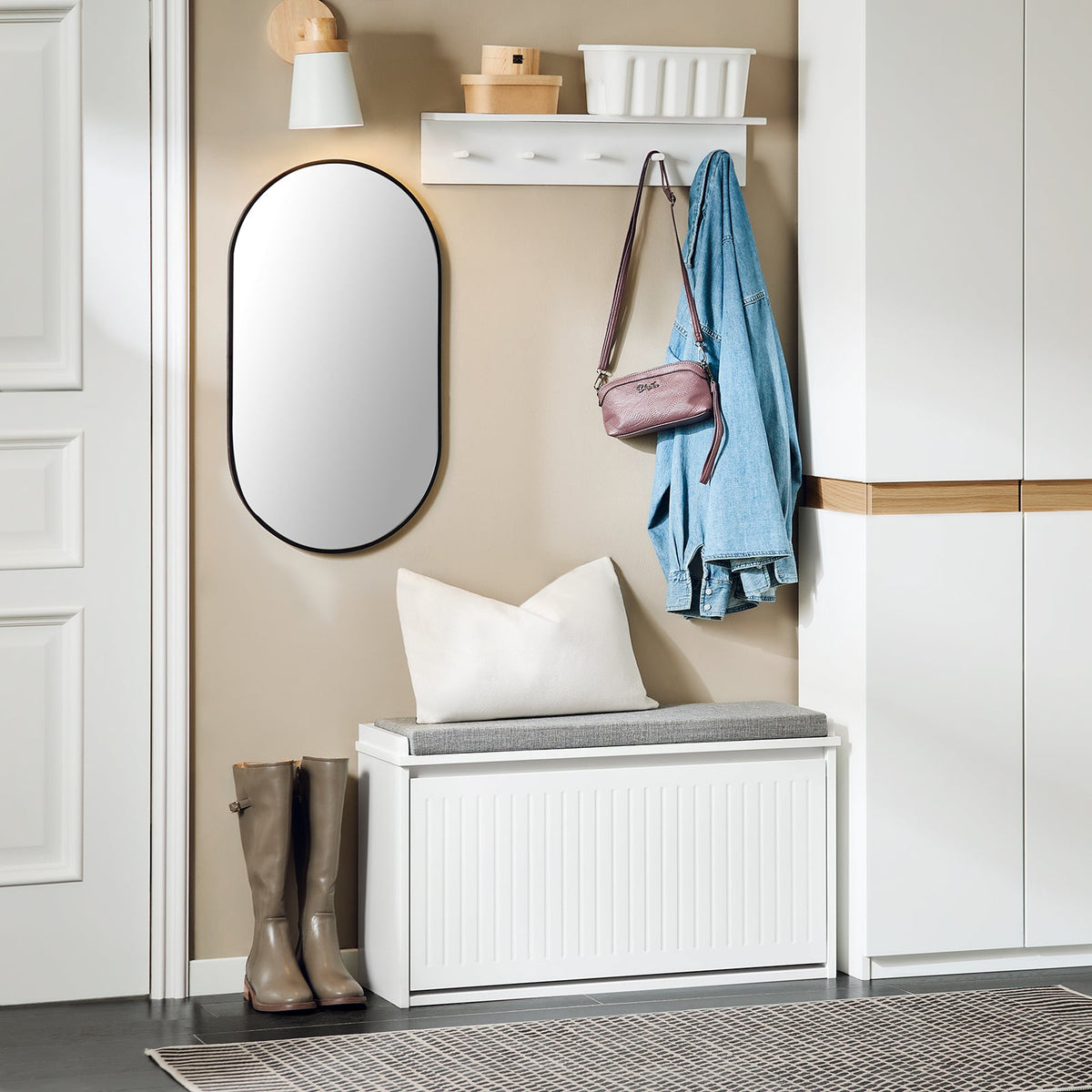 SoBuy Schoenenkast met Zitkussen en Klep – Wit – 80x45x26 cm – Moderne Schoenbank van MDF