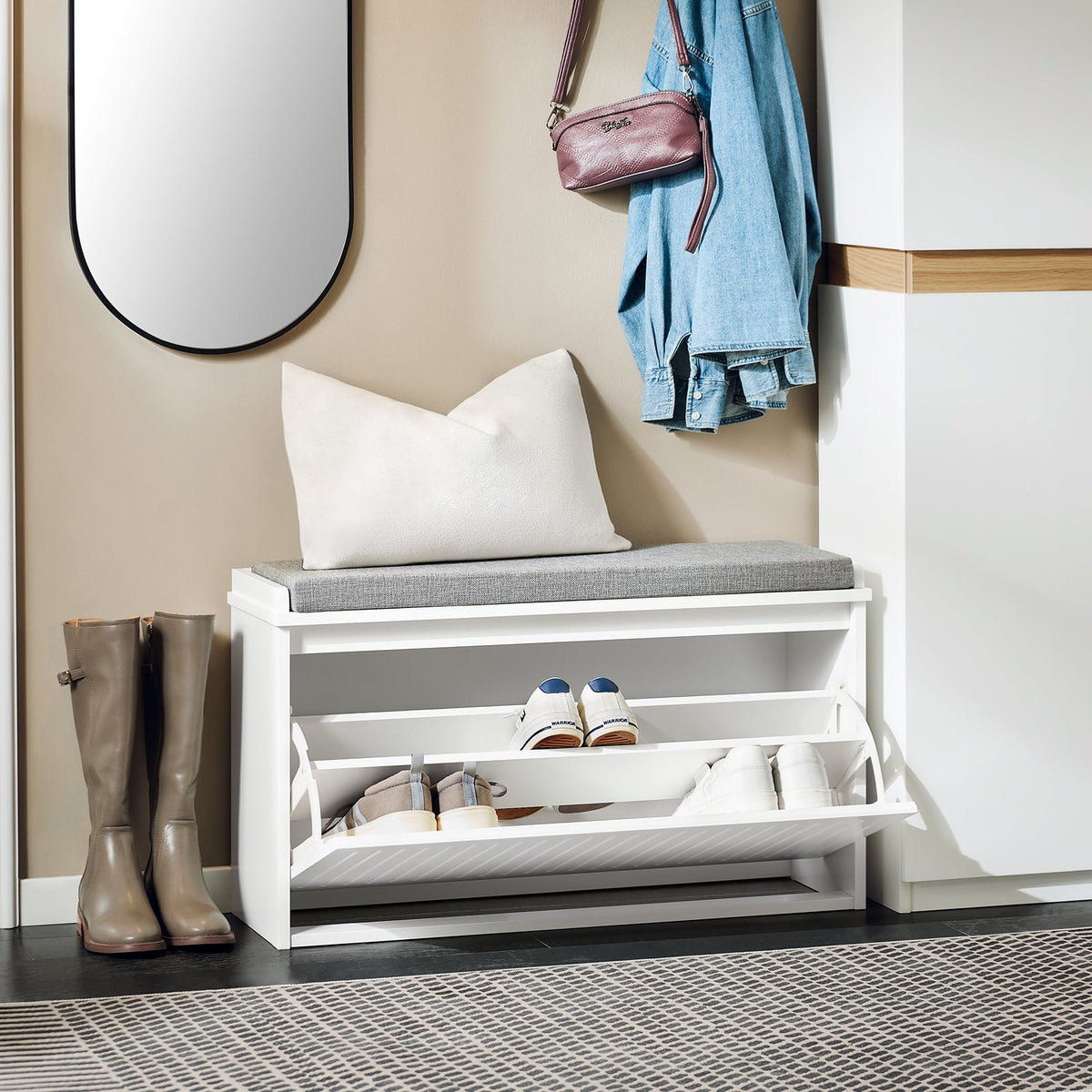 SoBuy Schoenenkast met Zitkussen en Klep – Wit – 80x45x26 cm – Moderne Schoenbank van MDF