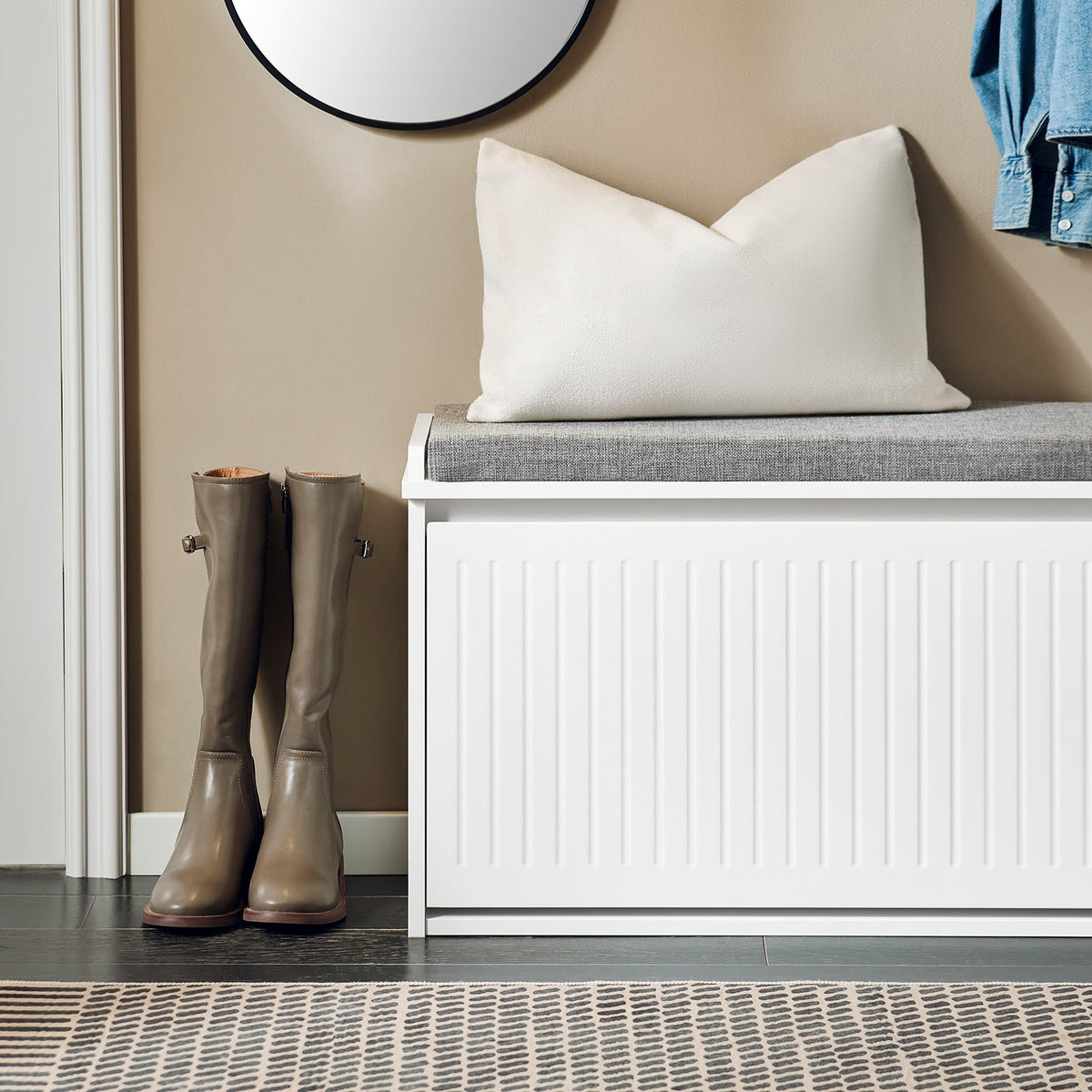 SoBuy Schoenenkast met Zitkussen en Klep – Wit – 80x45x26 cm – Moderne Schoenbank van MDF