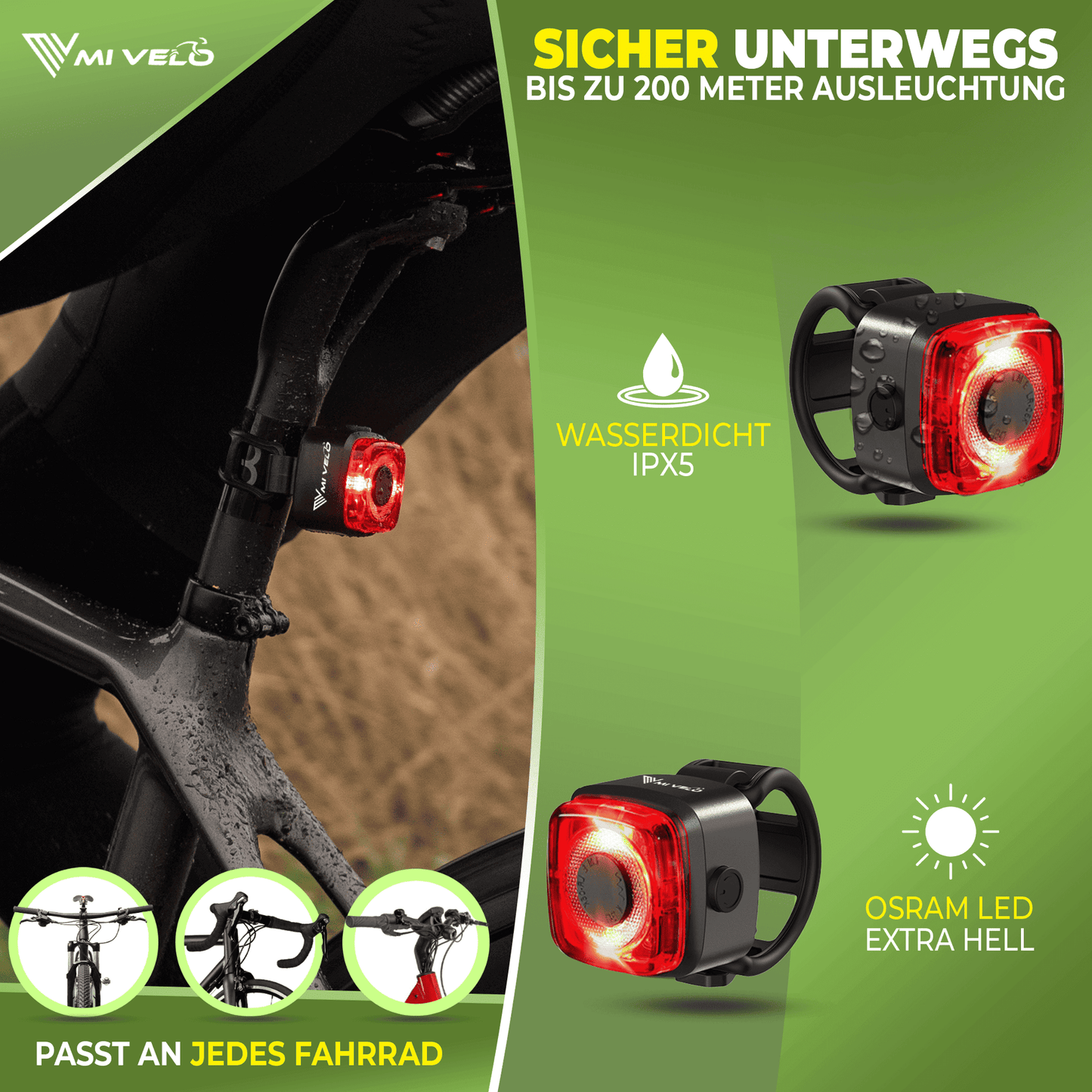 MIVELO Fietsverlichtingsset Cube One LED – USB Oplaadbaar - StVZO-goedgekeurd