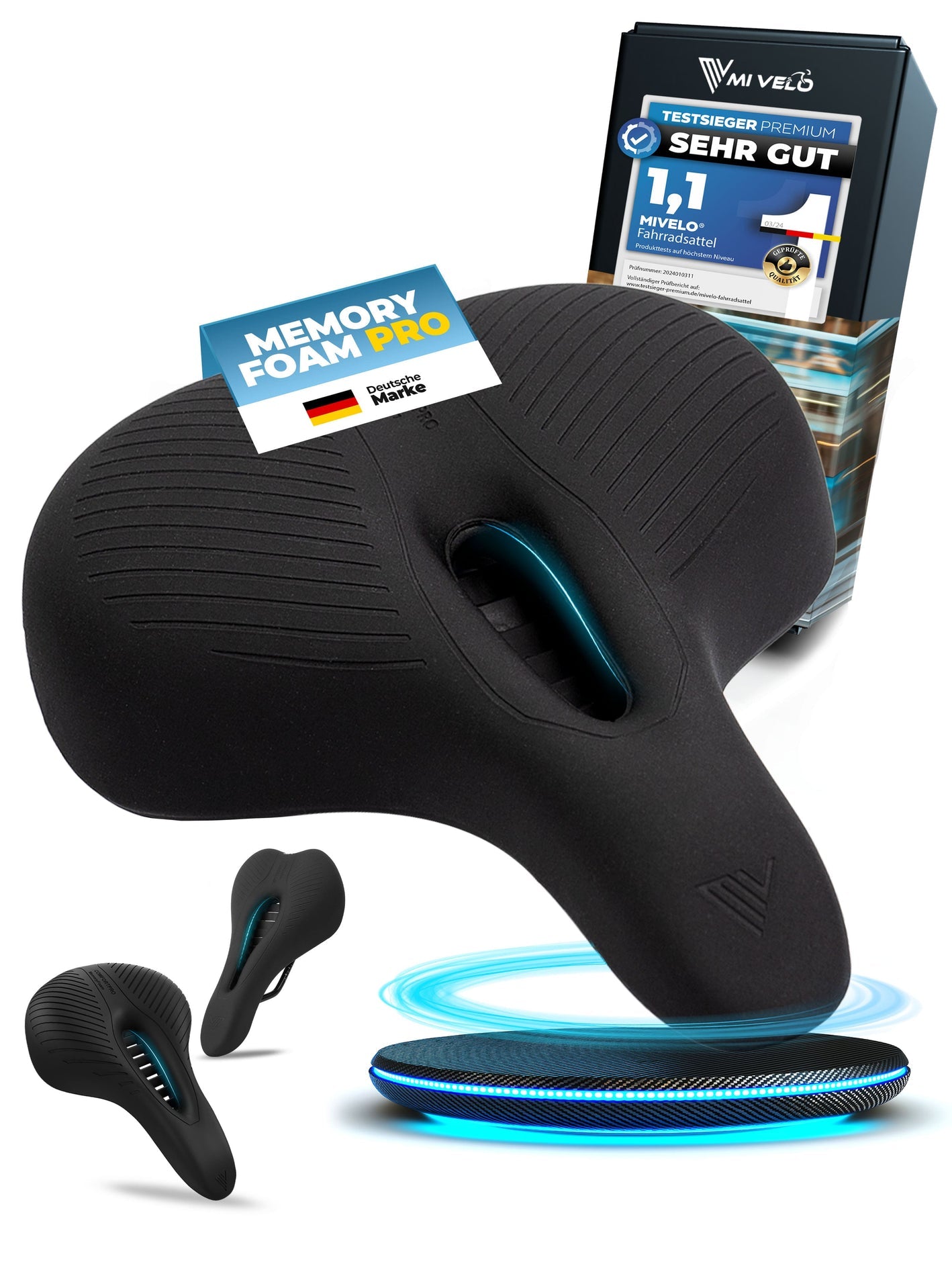 MIVELO - Comfort Pro Fietszadel - Traagschuim, Ergonomisch & 100% Waterdicht - Memory Foam - Zwart