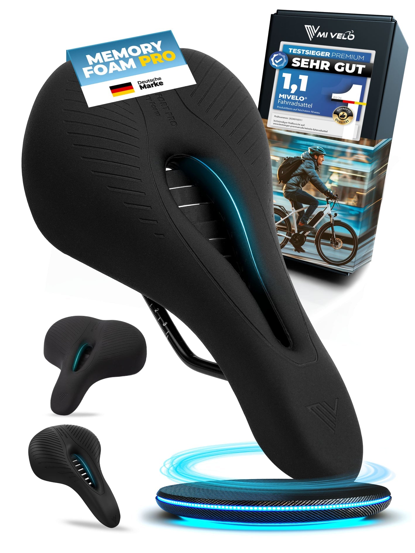 MIVELO Comfort Pro MTB Fietszadel – Ergonomisch – Memory Foam – Waterdicht – 28 x 14 cm – Zwart