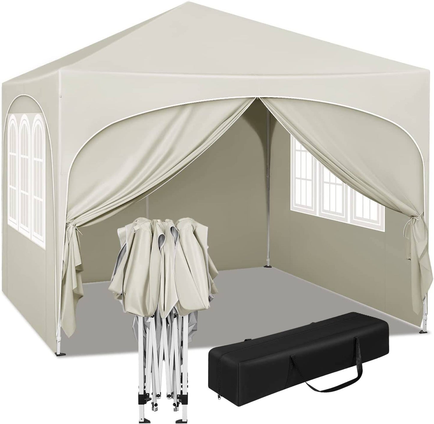 Woltu Opvouwbaar Paviljoen 3x3 m - Beige - UV50+ Waterafstotend - In Hoogte Verstelbaar - Met Zijkanten en Draagtas