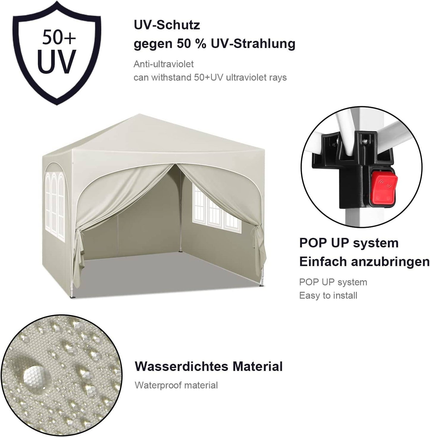 Woltu Opvouwbaar Paviljoen 3x3 m - Beige - UV50+ Waterafstotend - In Hoogte Verstelbaar - Met Zijkanten en Draagtas
