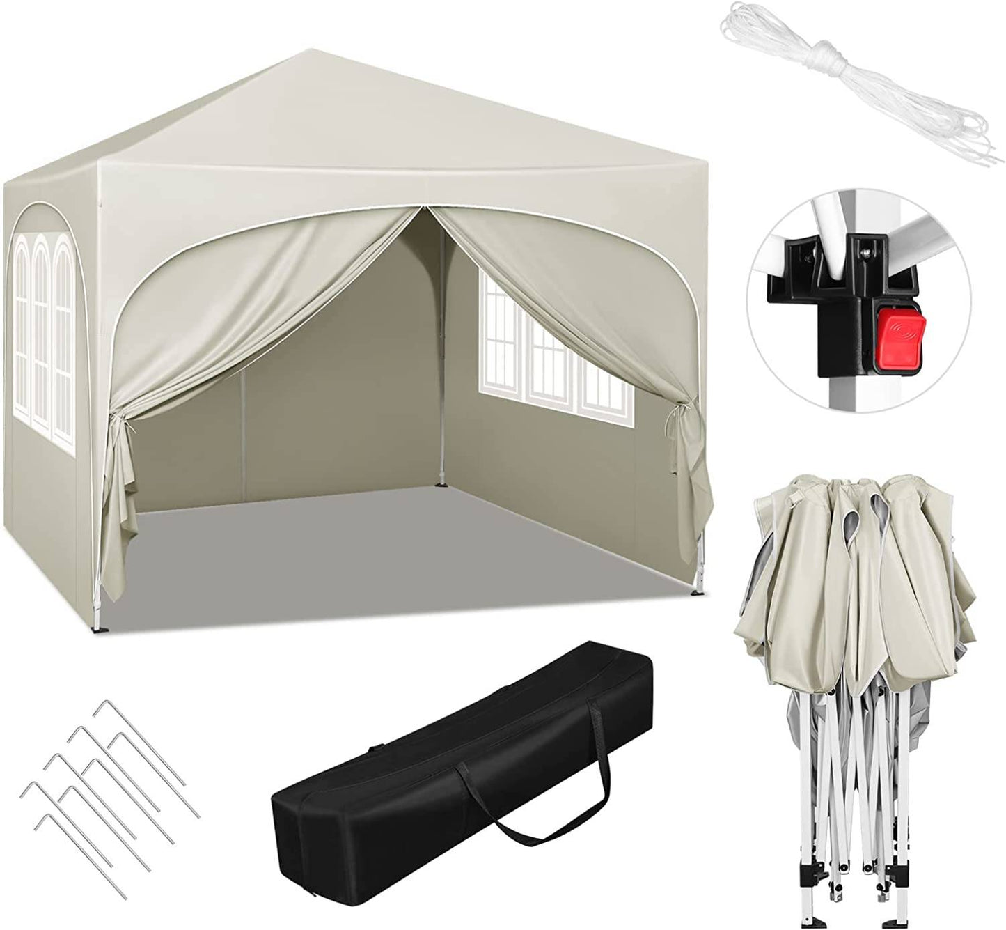 Woltu Opvouwbaar Paviljoen 3x3 m - Beige - UV50+ Waterafstotend - In Hoogte Verstelbaar - Met Zijkanten en Draagtas