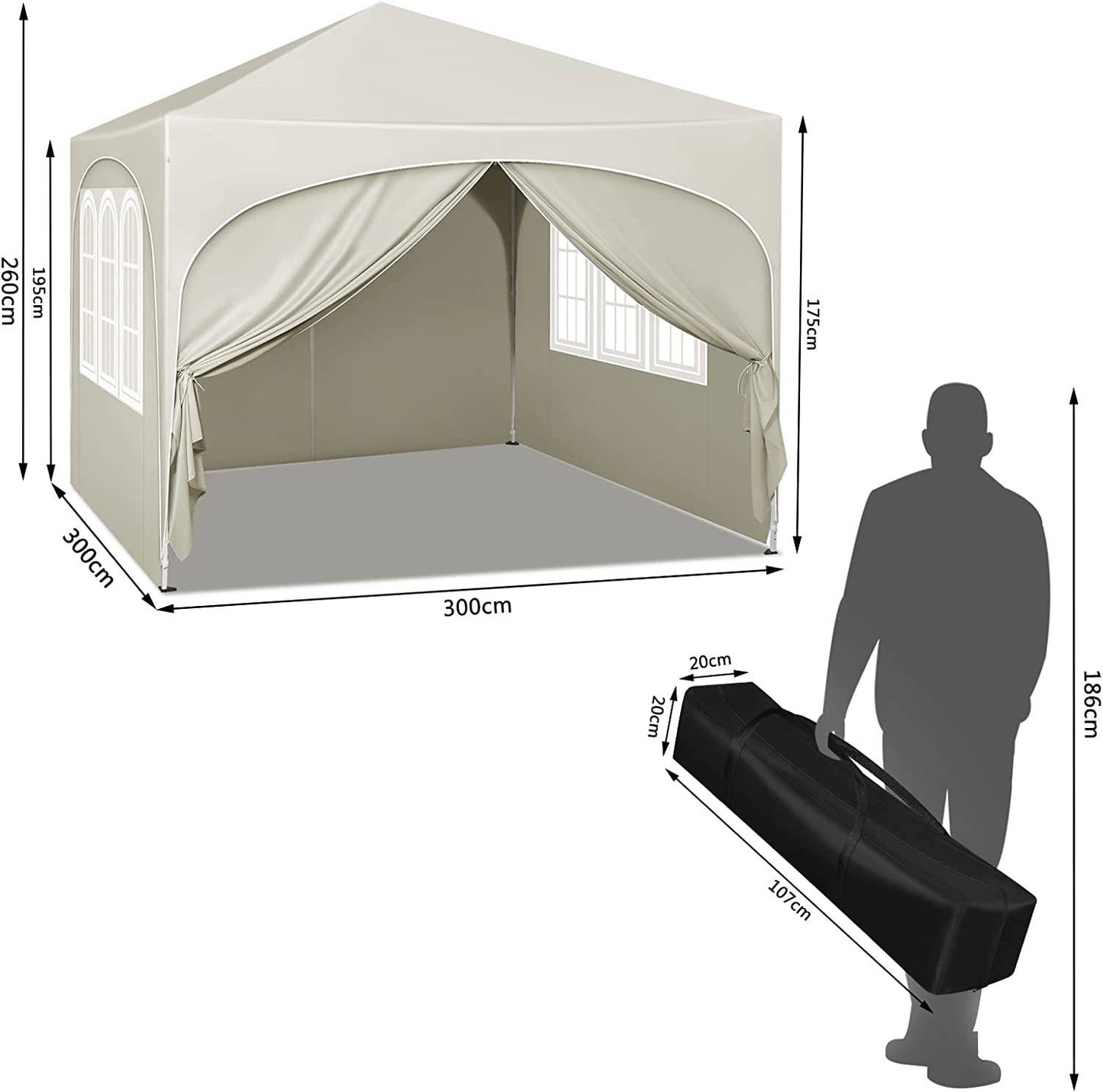 Woltu Opvouwbaar Paviljoen 3x3 m - Beige - UV50+ Waterafstotend - In Hoogte Verstelbaar - Met Zijkanten en Draagtas