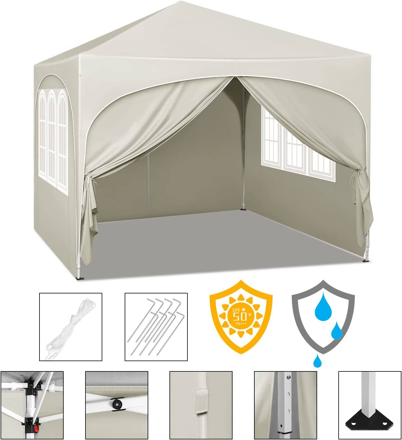 Woltu Opvouwbaar Paviljoen 3x3 m - Beige - UV50+ Waterafstotend - In Hoogte Verstelbaar - Met Zijkanten en Draagtas