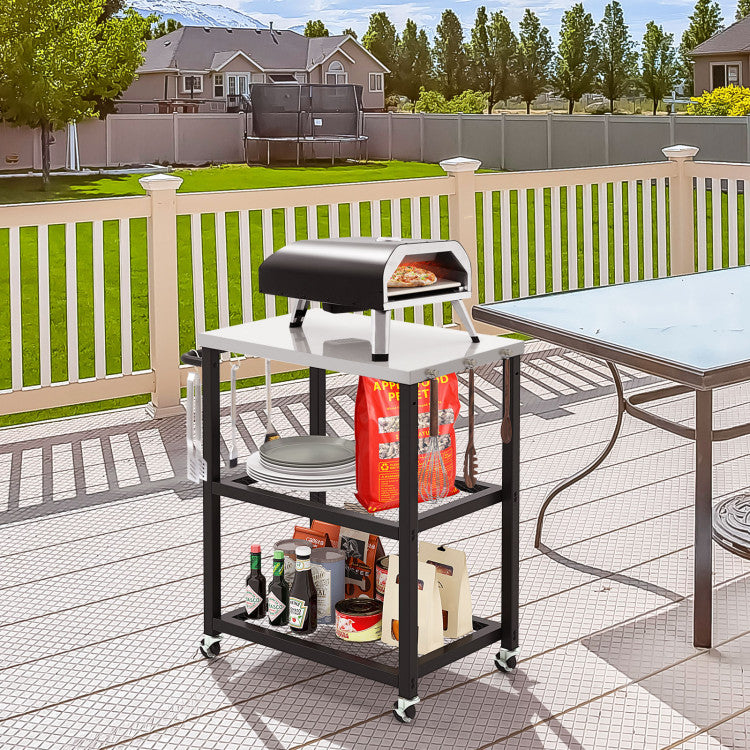 Coast Serveerwagen Buiten - 3-Laags - Op Wielen - RVS - Max. 75 kg - 73 x 41 x 81 cm - Zwart / Zilver