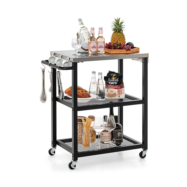 Coast Serveerwagen Buiten - 3-Laags - Op Wielen - RVS - Max. 75 kg - 73 x 41 x 81 cm - Zwart / Zilver