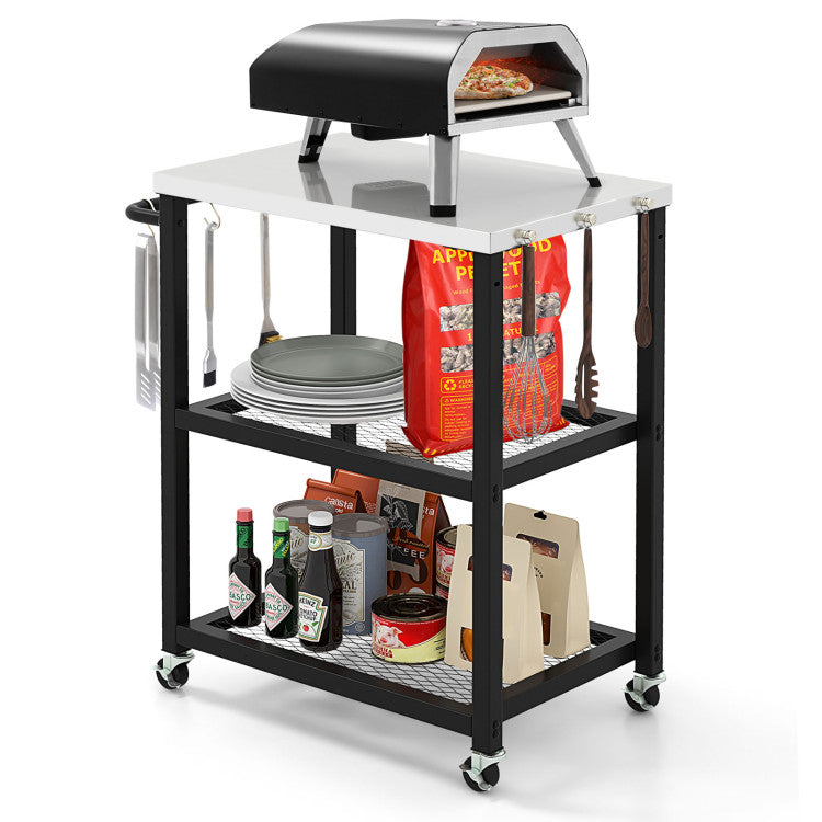 Coast Serveerwagen Buiten - 3-Laags - Op Wielen - RVS - Max. 75 kg - 73 x 41 x 81 cm - Zwart / Zilver