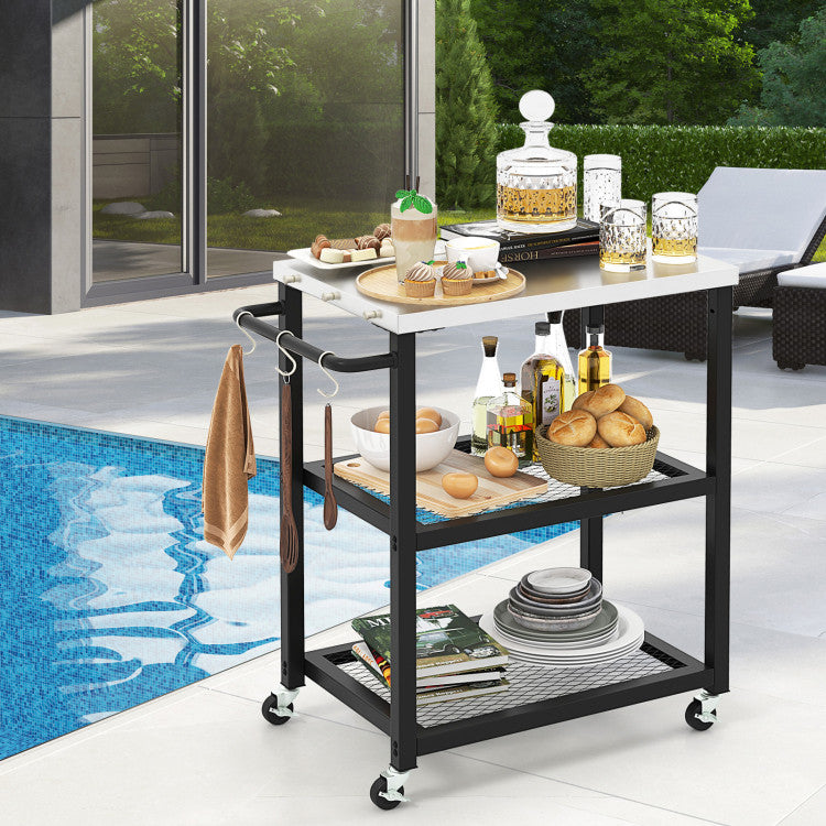 Coast Serveerwagen Buiten - 3-Laags - Op Wielen - RVS - Max. 75 kg - 73 x 41 x 81 cm - Zwart / Zilver