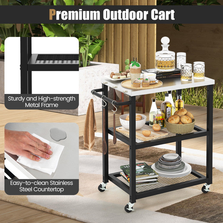 Coast Serveerwagen Buiten - 3-Laags - Op Wielen - RVS - Max. 75 kg - 73 x 41 x 81 cm - Zwart / Zilver