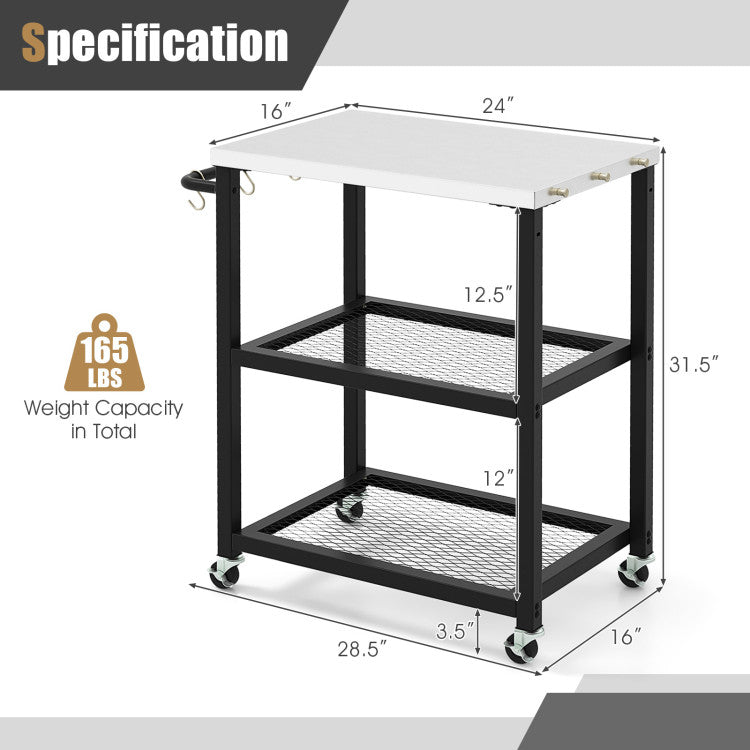 Coast Serveerwagen Buiten - 3-Laags - Op Wielen - RVS - Max. 75 kg - 73 x 41 x 81 cm - Zwart / Zilver
