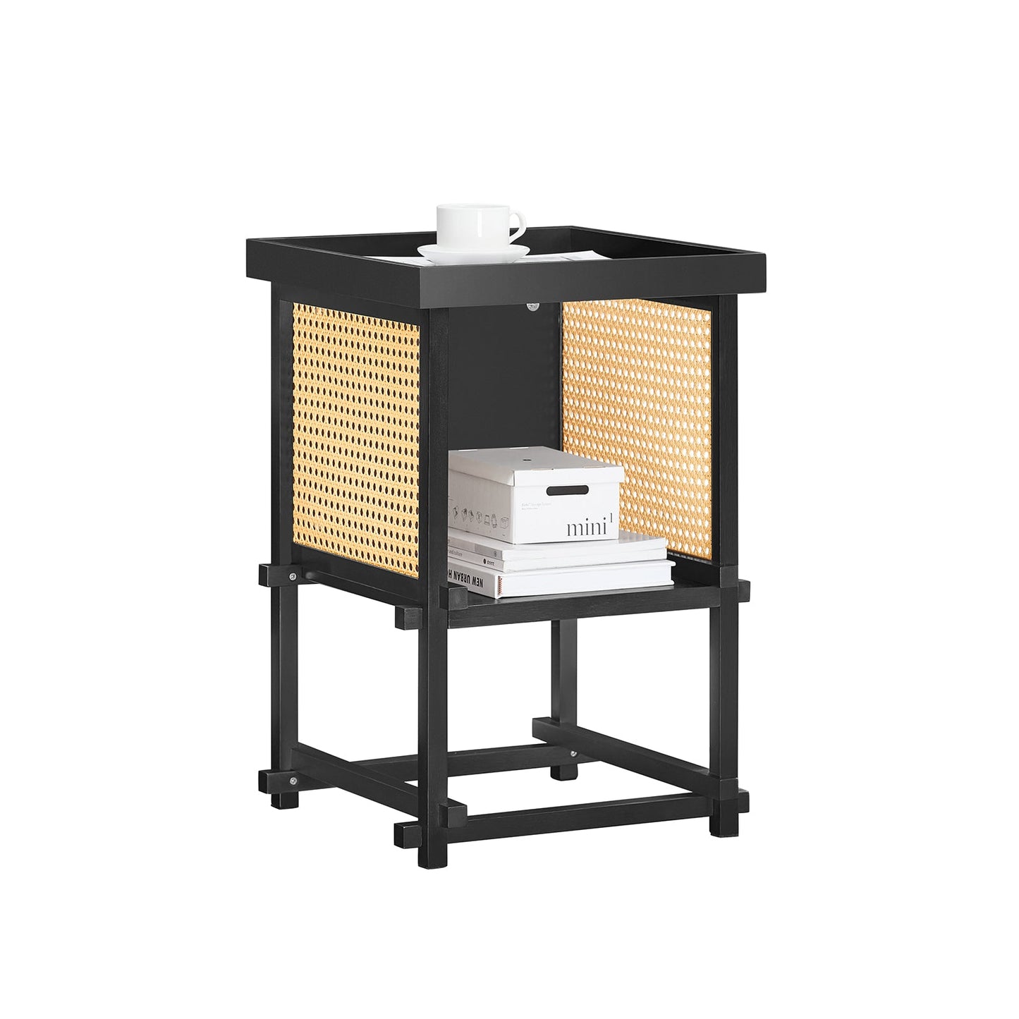 SoBuy bijzettafel HFBT03-SCH - 40×40×60 cm - zwart–geel - bamboe frame & open opbergvak