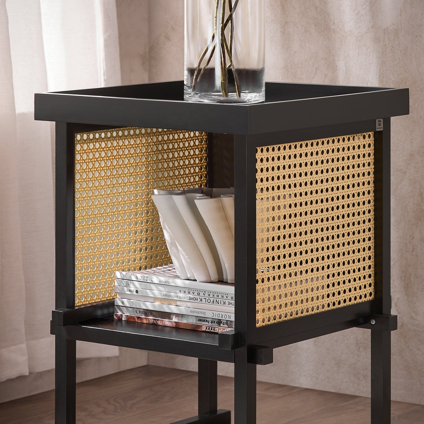 SoBuy bijzettafel HFBT03-SCH - 40×40×60 cm - zwart–geel - bamboe frame & open opbergvak