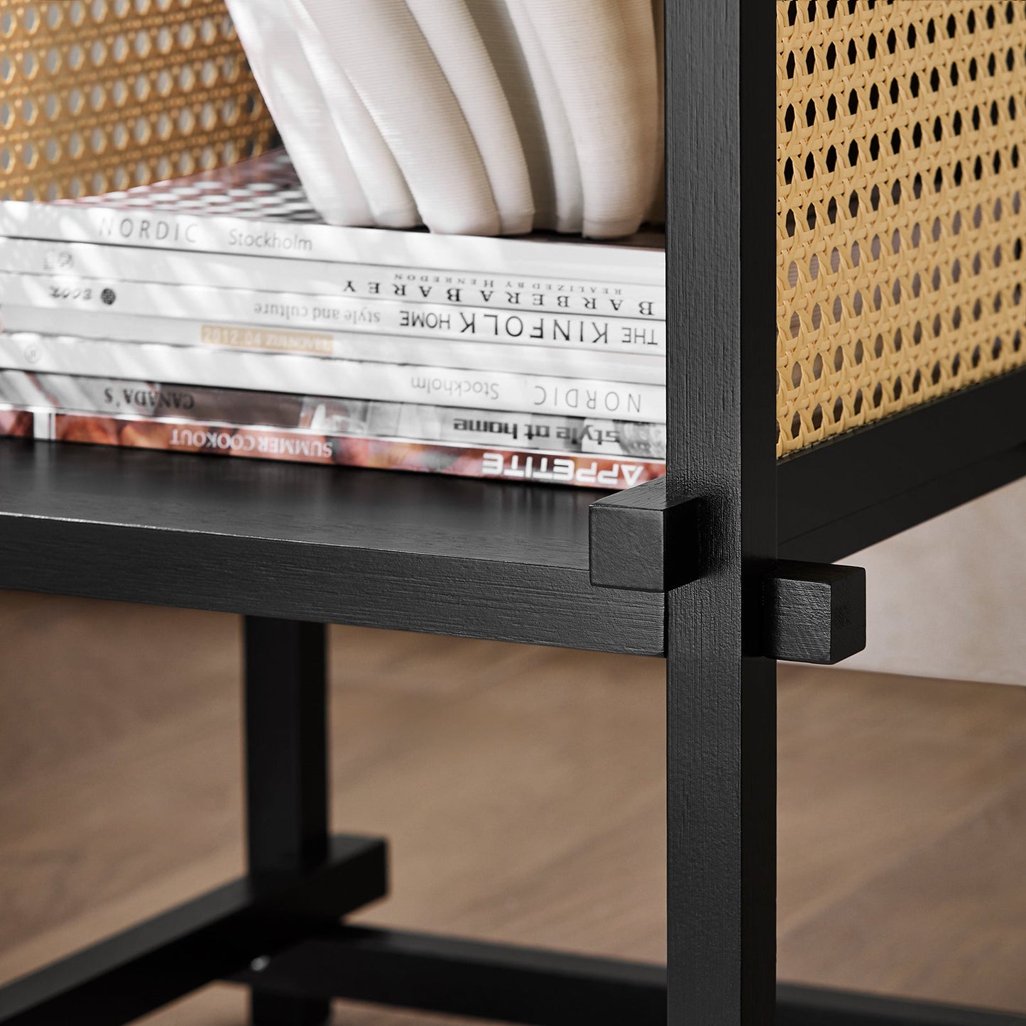SoBuy bijzettafel HFBT03-SCH - 40×40×60 cm - zwart–geel - bamboe frame & open opbergvak