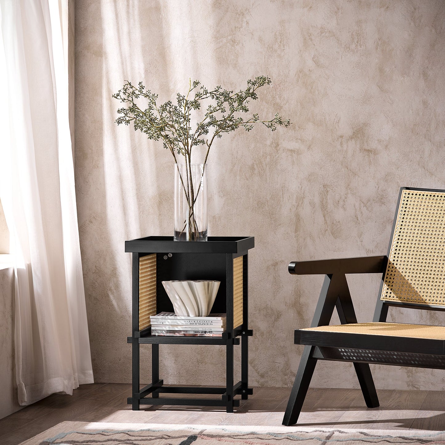 SoBuy bijzettafel HFBT03-SCH - 40×40×60 cm - zwart–geel - bamboe frame & open opbergvak
