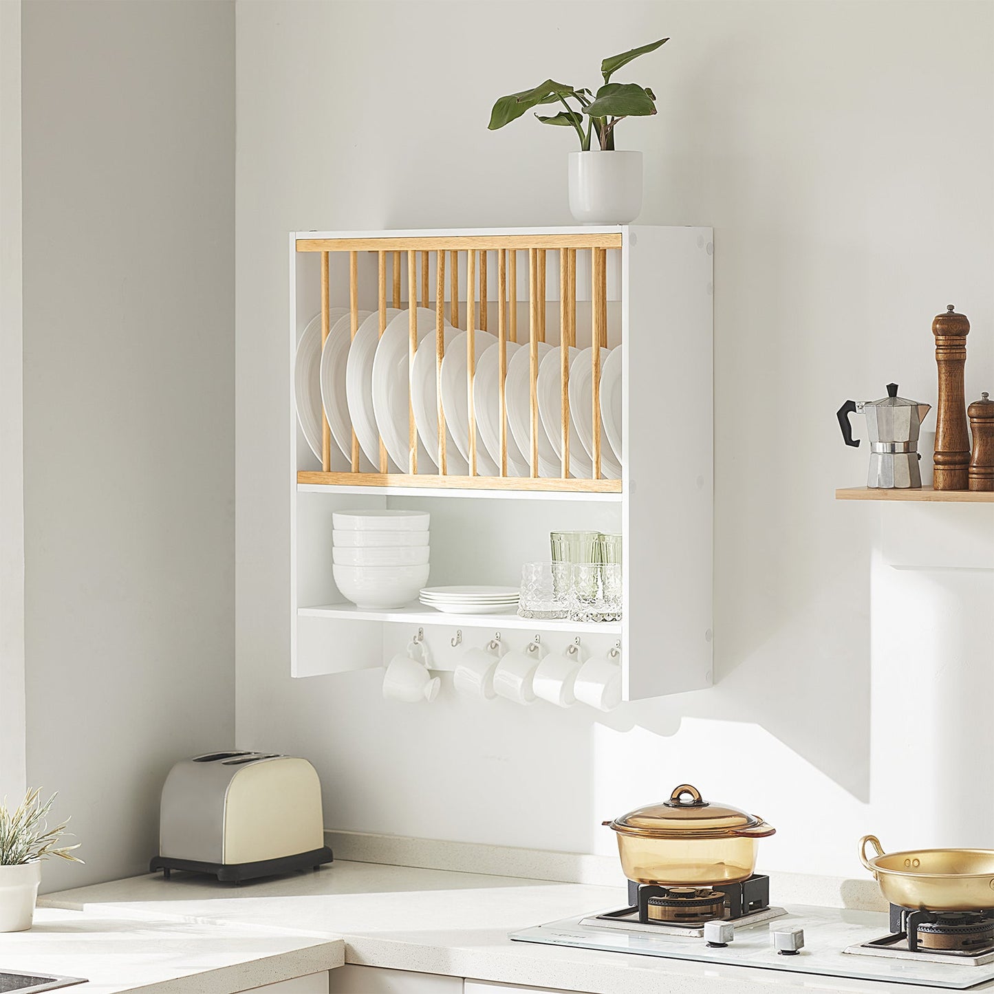 SoBuy Opbergkast met rek voor borden - Max. 10 kg - 64 x 24 x 71 cm - Wit/ Naturel