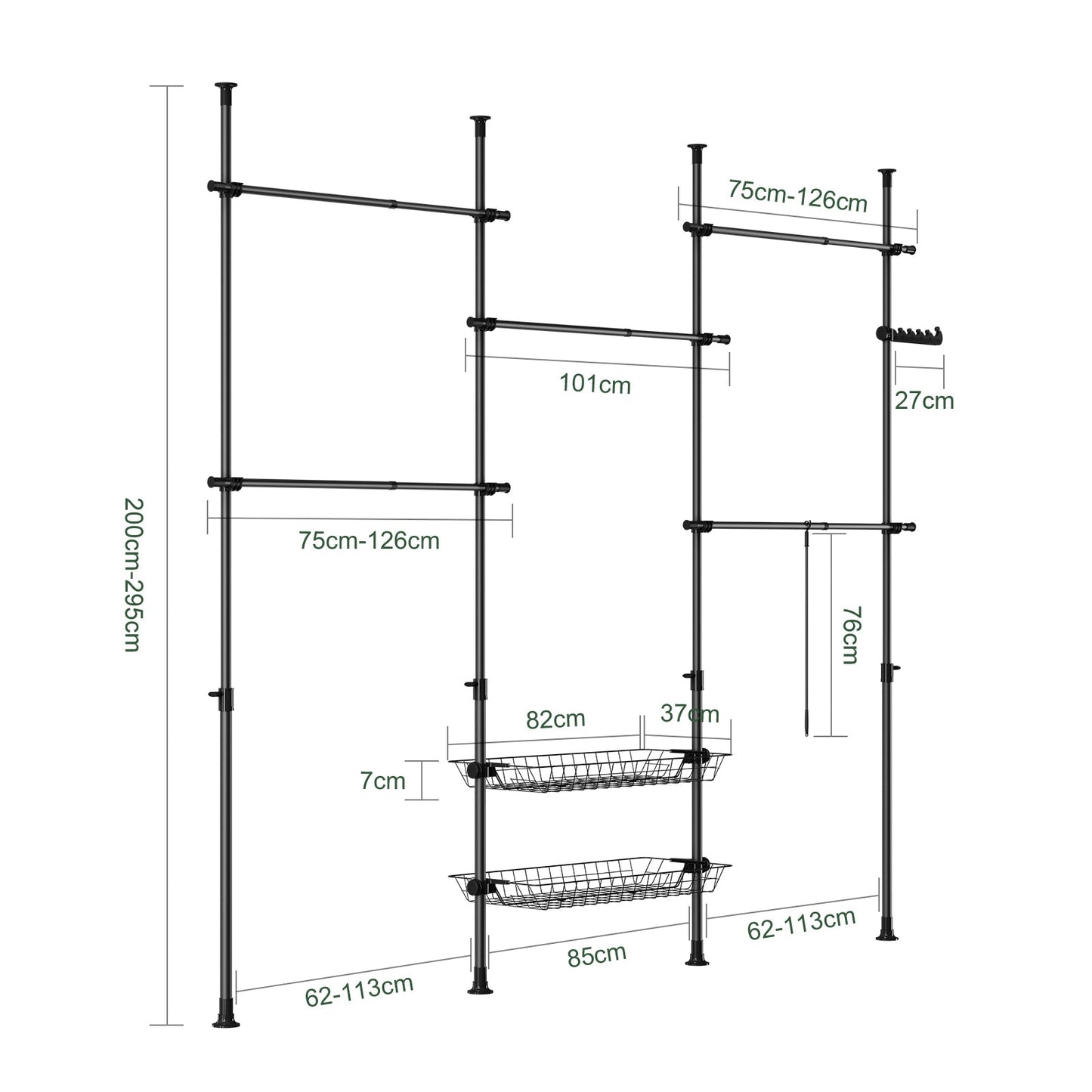 SoBuy Telescopisch kledingrek KLS04-II-SCH - 209–311 × 200–295 cm - Zwart - Verstelbare open garderobekast met stangen en planken