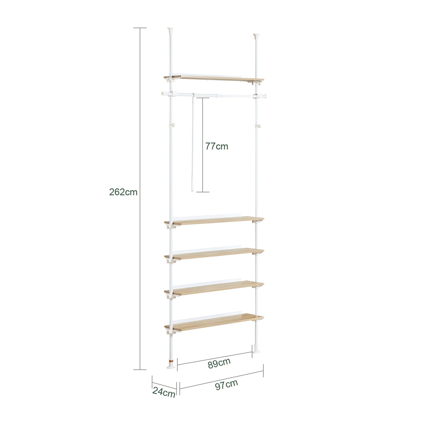 SoBuy KLS15-WN Telescopisch Kledingrek - Verstelbaar - 5 Planken - 1 Stang - L 97 x H (193-262) cm - Wit