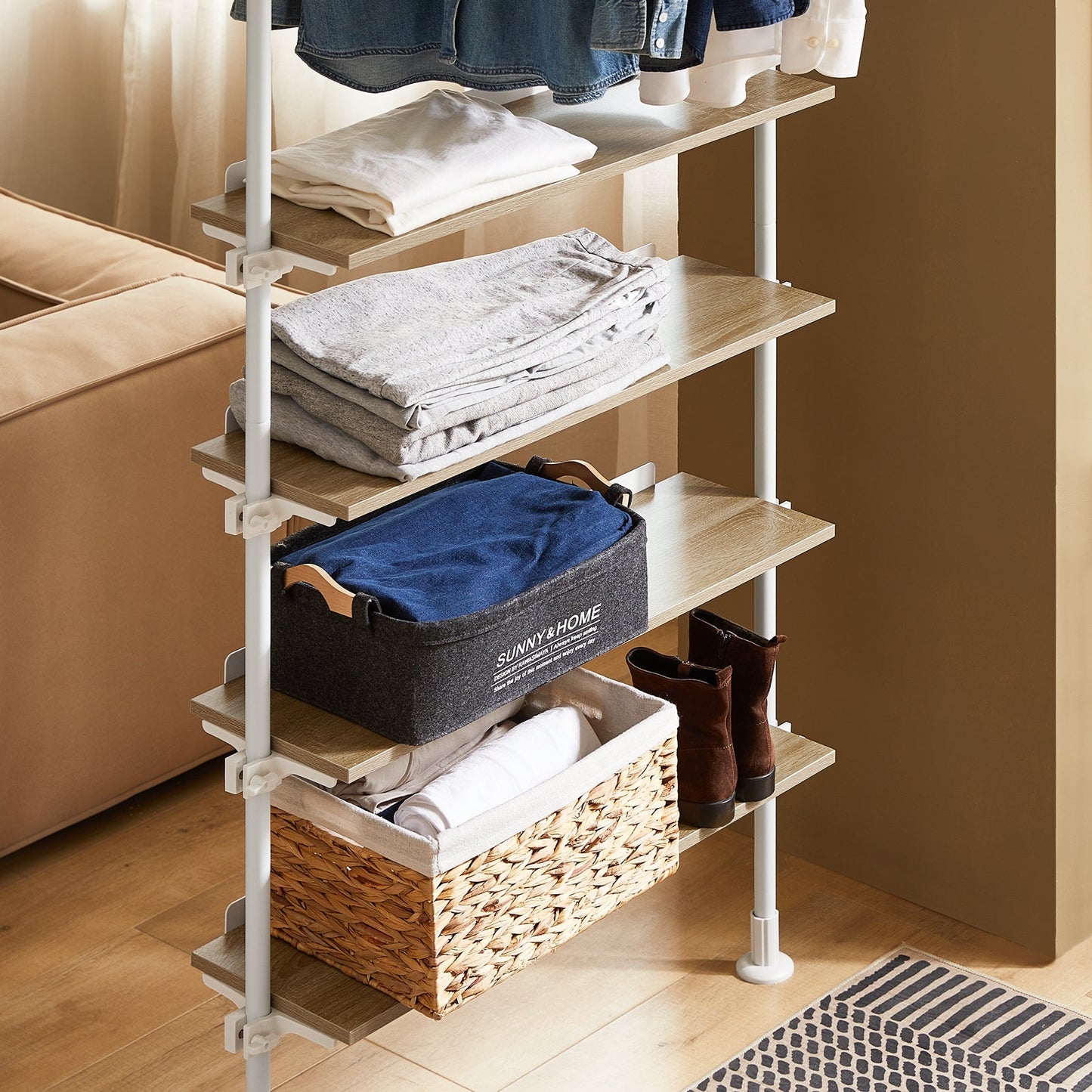 SoBuy KLS15-WN Telescopisch Kledingrek - Verstelbaar - 5 Planken - 1 Stang - L 97 x H (193-262) cm - Wit